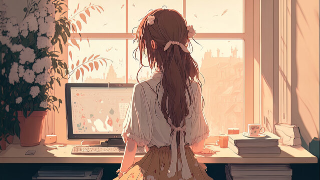 Wall Mural -  - Anime girl working at her desk. Cute drawing of a young woman sitting at her computer. Working from home, listening to lofi music. Cartoon character at her workplace. Chill beautiful relax interior
