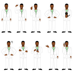 A set of black male doctor, surgeon, dentist, veterinarian, white background