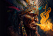 Illustration, fantasy shaman leading a holy ayahuasca ceremony, illustrated ayahuasca trip with mature male shaman, beautiful, shamanic, spirituality, beliefs, shaman, illustration, generated ai