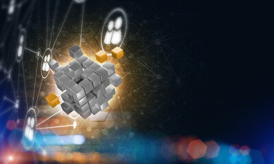 Wall Mural - concept of internet and networking with digital cube figure on dark background