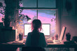 Beautiful young woman working at her desk at night. Very chill and cozy home. Sitting at the computer. Cute manga anime drawing of young girl. Beautiful atmospheric light. Chill relaxing lofi space.