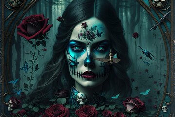 Wall Mural - a dead witch in front of roses, gothic art
