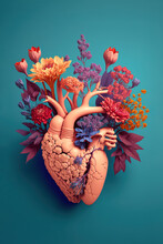 Abstract Realistic Illustrated Colorful Love Heart Made Of Fresh Spring Flowers. Decorative Human Heart. Dark Minimal Background. Generative AI.