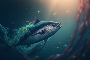 Wall Mural - Tuna tangled in waste. Generative AI