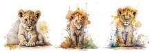 Watercolor Illustrations Safari Animal Lion On A White Background With Watercolor Splashes. Vector Illustration	