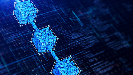 Sticker - blockchain technology concept. small cubes gathered inside a large box on a dark blue background.