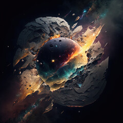 Wall Mural - Exploding planet in space. Generative AI picture.