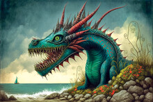 Fantasy Painting, Dragon On The Sea Coastline