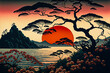Old japanese illustration drawing. Ukiyo-e traditionnal painting. Nature landscape on vintage paper. Historical retro style. Mount fuji with japanese temples and trees. Beautiful oriental ukiyoe art.