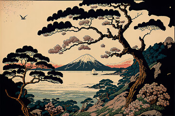 Old japanese illustration drawing. Ukiyo-e traditionnal painting. Nature landscape on vintage paper. Historical retro style. Mount fuji with japanese temples and trees. Beautiful oriental ukiyoe art.