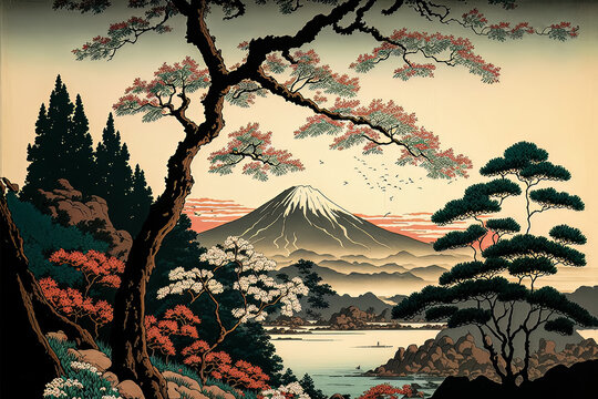 Wall Mural -  - Old japanese illustration drawing. Ukiyo-e traditionnal painting. Nature landscape on vintage paper. Historical retro style. Mount fuji with japanese temples and trees. Beautiful oriental ukiyoe art.