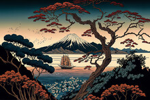 Old Japanese Illustration Drawing. Ukiyo-e Traditionnal Painting. Nature Landscape On Vintage Paper. Historical Retro Style. Mount Fuji With Japanese Temples And Trees. Beautiful Oriental Ukiyoe Art.