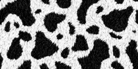 Seamless soft fluffy large mottled cow skin, dalmatian or calico cat spots camouflage pattern. Realistic black and white long pile animal print rug or fur coat fashion background texture 3D rendering.