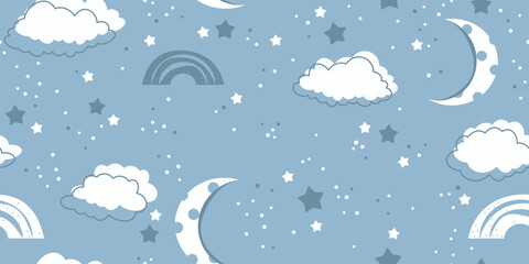 Poster - Blue clouds and stars in the sky. Vector design illustration for wallpaper. Decor, interior, seamless packaging, stylish print.