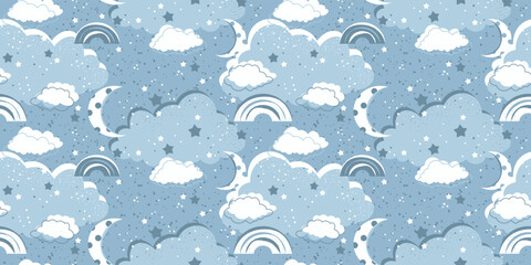 Poster - Blue seamless clouds in the sky with stars. Vector design illustration for wallpaper. Decor, interior, seamless packaging, stylish print.