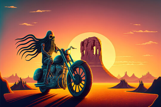 octopus bike rider in monument valley at sunset illustration generative ai