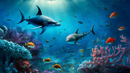 Wall Mural - Tropical underwater life of a coral reef, neural network generated art wallpaper