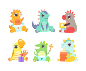 Poster - Cartoon Baby Dragon as Newborn Creature Playing and Having Fun Vector Set