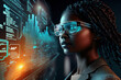Young black businesswoman using augmented reality AR glasses. Generative AI.