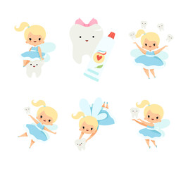 Canvas Print - Cute Little Tooth Fairy with Blond Hair and Ponytail with First Baby Tooth Vector Set