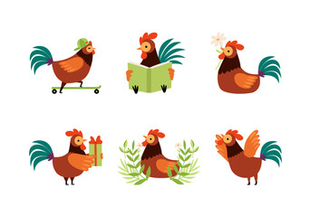 Canvas Print - Rooster or Cock Character as Farm Poultry and Feathered Bird Vector Set