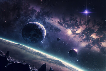 Wall Mural - generative ai illustration of planets and shining stars galaxy in space.