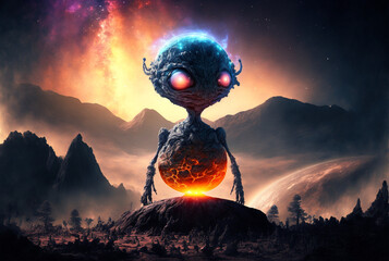 Wall Mural - generative ai extraterrestrial astronaut exploring planet watching outer space.
