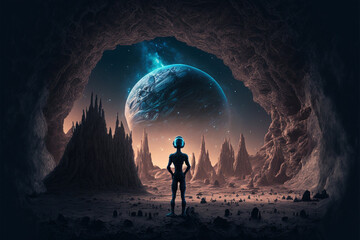 Wall Mural - generative ai extraterrestrial astronaut exploring planet watching outer space.