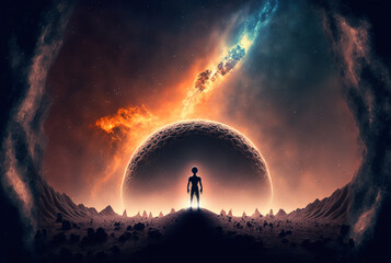 generative ai extraterrestrial astronaut exploring planet watching outer space.
