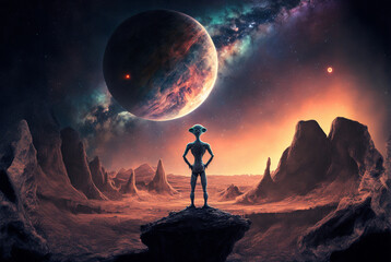 Wall Mural - generative ai extraterrestrial astronaut exploring planet watching outer space.