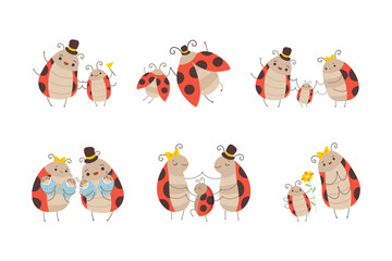 Wall Mural - Cute Happy Ladybug Family with Cheerful Mother, Father and Their Baby Vector Set