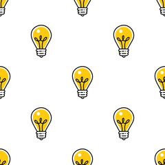 Wall Mural - seamless pattern with hand drawn small light bulbs in yellow.