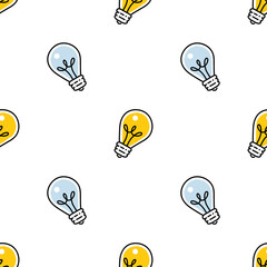 Wall Mural - seamless pattern with alternating light bulbs, some of them are glowing yellow.