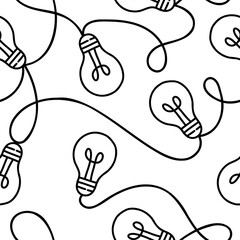 Wall Mural - hand drawn seamless pattern with light bulbs connected by a curved line with loops.
