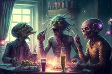 reptalian aliens celebrating NYE 2022 2023 with food and drinks at a restaurant, very cheerful. Generative AI