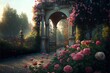  a painting of a garden with roses and a gate with a clock on it and a light shining through the gate. Generative AI