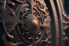  A Close Up Of A Metal Door With A Decorative Design On It's Side And A Gold Knob. Generative AI