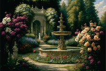  A Painting Of A Garden With A Fountain And Flowers In It And A Woman Standing In The Background In The Center. Generative AI
