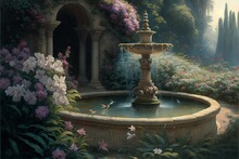  A Painting Of A Fountain Surrounded By Flowers And Trees In A Garden With A Bird Flying By It And A Bird Bath In The Center.