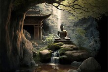  A Buddha Statue Sitting On A Rock In A Forest Next To A Waterfall And A Waterfall With A Waterfall Cascading Down The Side Of It. Generative AI
