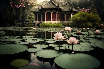 Poster -  a pond with lily pads and a pagoda in the background with pink flowers in the foreground and a pond with lily pads in the foreground. Generative AI