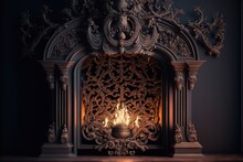  A Fireplace With A Lit Candle In It In A Dark Room With A Wall Hanging On The Wall And A Decorative Design.