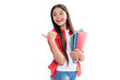 © Olena - Teen girl pupil hold books, notebooks, isolated on white background, copy space. Back to school, teenage lifestyle, education and knowledge. Portrait of happy smiling teenage child girl.