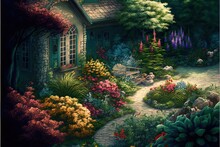  A Painting Of A Garden With A House And Flowers In The Background And A Dog Laying On A Bench. Generative AI