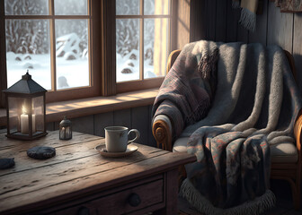 Cozy room interior, chair with blanket, coffee cup and candle, snow outside window, natural light, generative AI