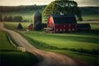  a painting of a farm with a red barn and a road leading to it and a tree in the distance. Generative AI