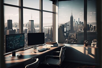 Wall Mural -  a desk with a computer and a monitor on it in a room with large windows overlooking a cityscape. Generative AI