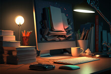 An Ultra-realistic, CGI 3D Image Of A Cluttered Desk With A Computer Screen Showing Multiple Apps Open, Papers Scattered About, And A Full Mechanical Keyboard. 