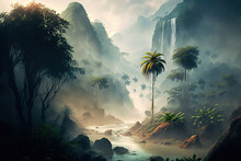 Tropical Landscape With Mist And Waterfalls, Art Illustration