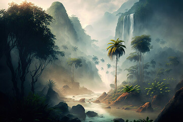 Wall Mural - Tropical landscape with mist and waterfalls, art illustration